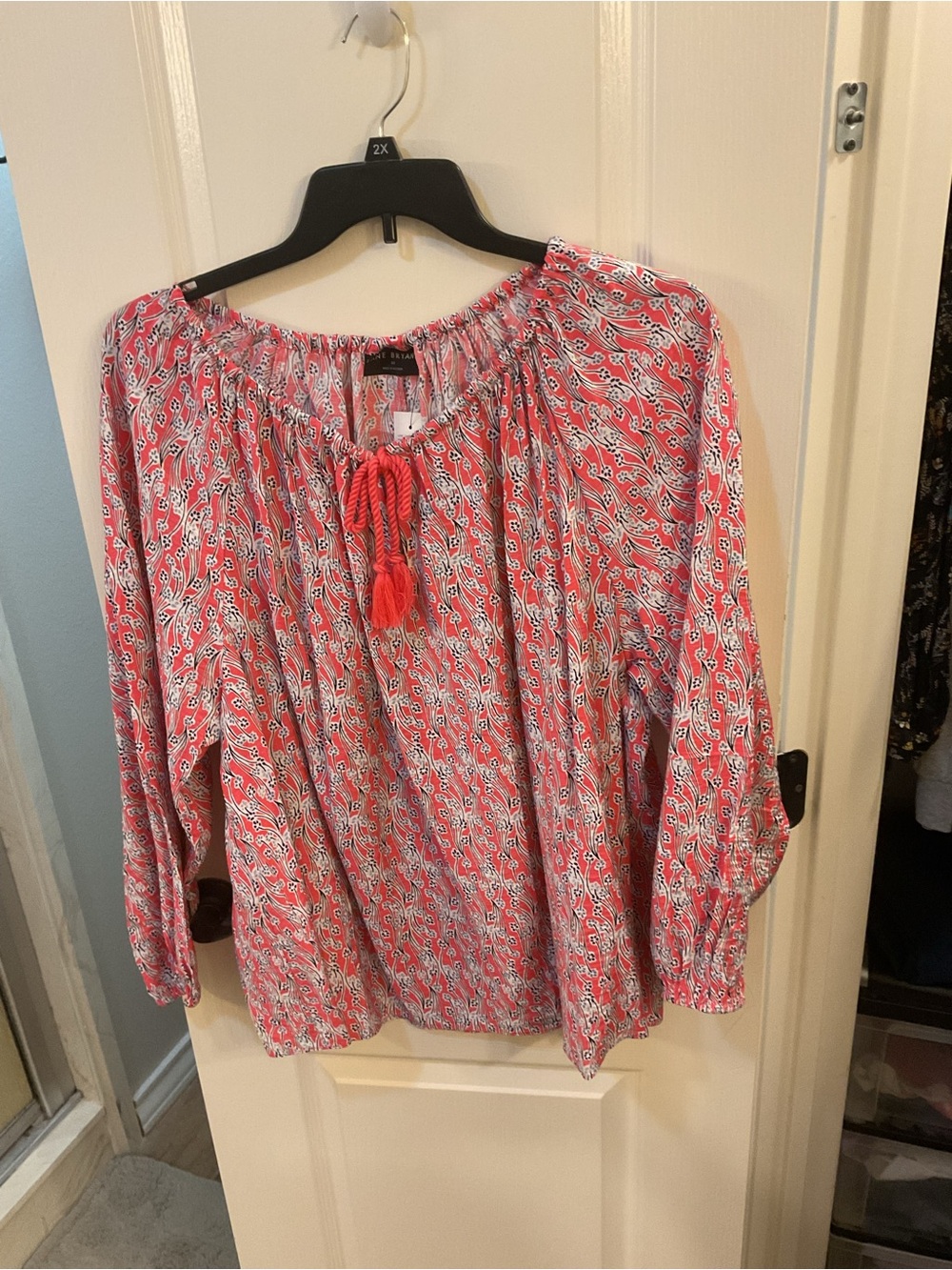 Lane Bryant Coral Paisley Peasant Top with Tassel Tie